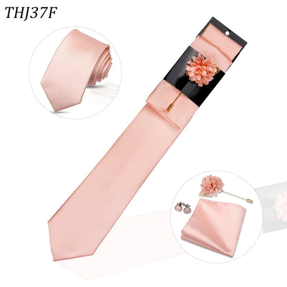 Solid color Ties Set For Men Wedding Gift Neck Tie Set Handkerchief Brooch Cufflinks Men Accessories High Quality Tie
