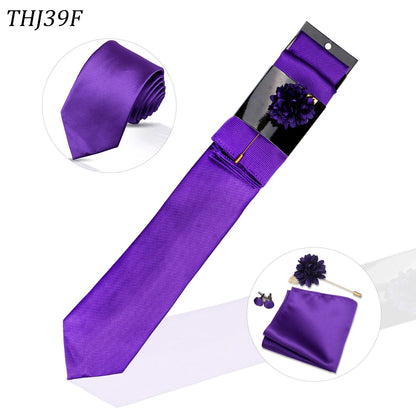 Solid color Ties Set For Men Wedding Gift Neck Tie Set Handkerchief Brooch Cufflinks Men Accessories High Quality Tie
