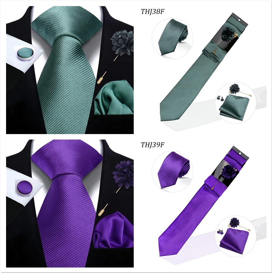 Solid color Ties Set For Men Wedding Gift Neck Tie Set Handkerchief Brooch Cufflinks Men Accessories High Quality Tie