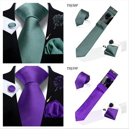 Solid color Ties Set For Men Wedding Gift Neck Tie Set Handkerchief Brooch Cufflinks Men Accessories High Quality Tie