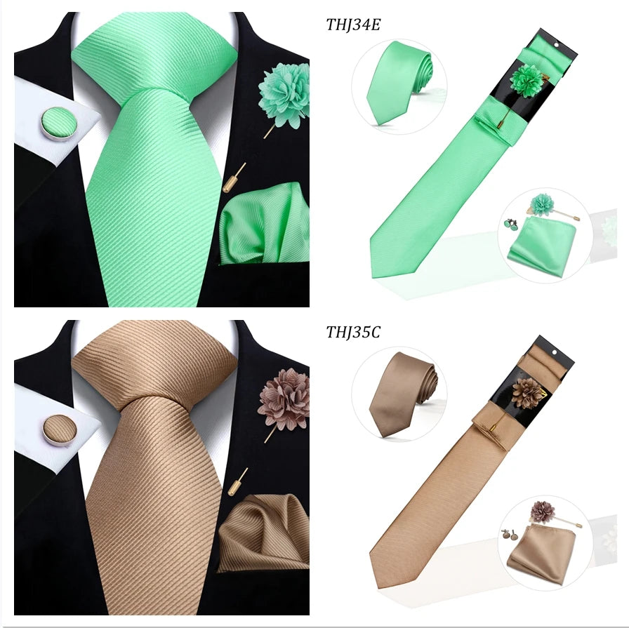 Solid color Ties Set For Men Wedding Gift Neck Tie Set Handkerchief Brooch Cufflinks Men Accessories High Quality Tie