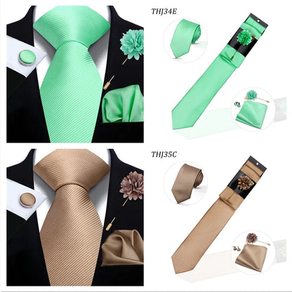 Solid color Ties Set For Men Wedding Gift Neck Tie Set Handkerchief Brooch Cufflinks Men Accessories High Quality Tie