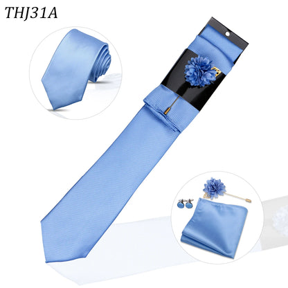 Solid color Ties Set For Men Wedding Gift Neck Tie Set Handkerchief Brooch Cufflinks Men Accessories High Quality Tie