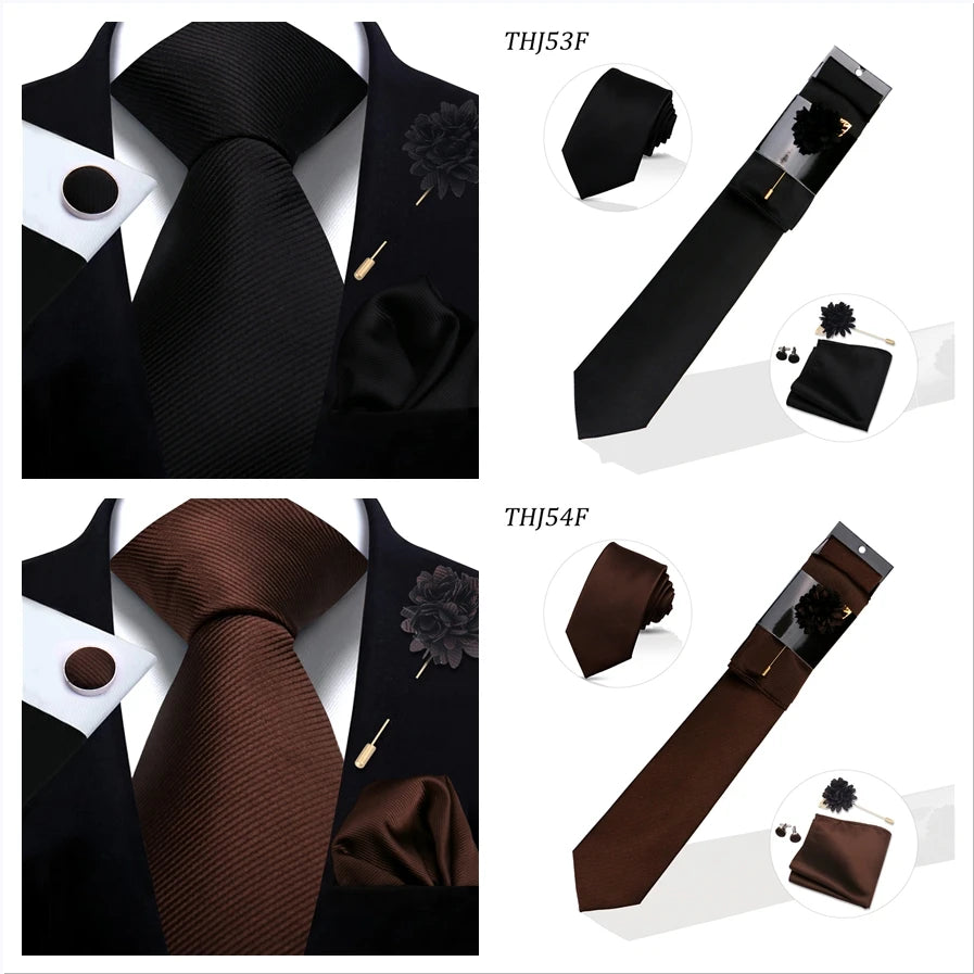Solid color Ties Set For Men Wedding Gift Neck Tie Set Handkerchief Brooch Cufflinks Men Accessories High Quality Tie