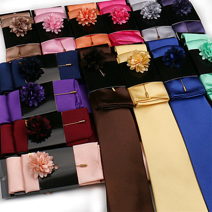 Solid color Ties Set For Men Wedding Gift Neck Tie Set Handkerchief Brooch Cufflinks Men Accessories High Quality Tie