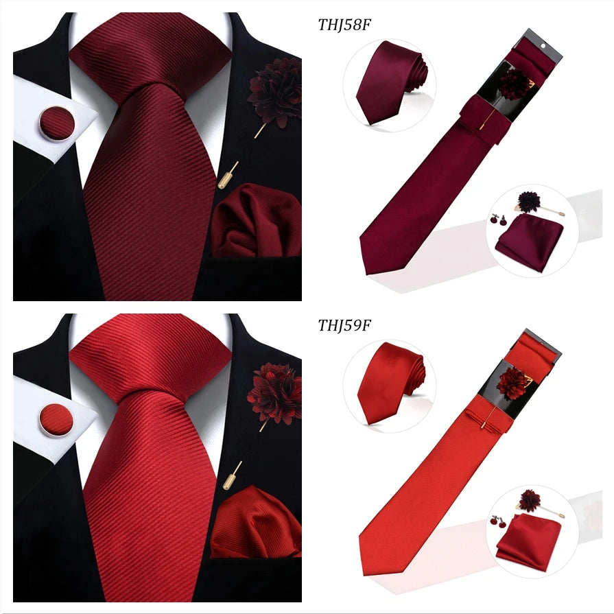 Solid color Ties Set For Men Wedding Gift Neck Tie Set Handkerchief Brooch Cufflinks Men Accessories High Quality Tie