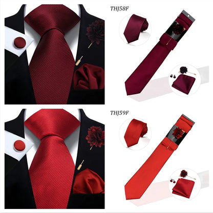 Solid color Ties Set For Men Wedding Gift Neck Tie Set Handkerchief Brooch Cufflinks Men Accessories High Quality Tie