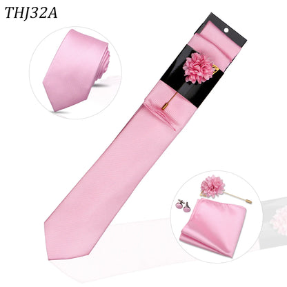 Solid color Ties Set For Men Wedding Gift Neck Tie Set Handkerchief Brooch Cufflinks Men Accessories High Quality Tie