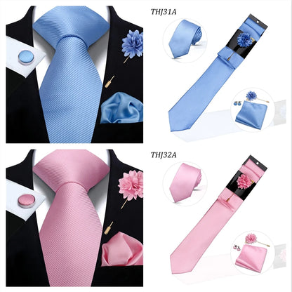 Solid color Ties Set For Men Wedding Gift Neck Tie Set Handkerchief Brooch Cufflinks Men Accessories High Quality Tie