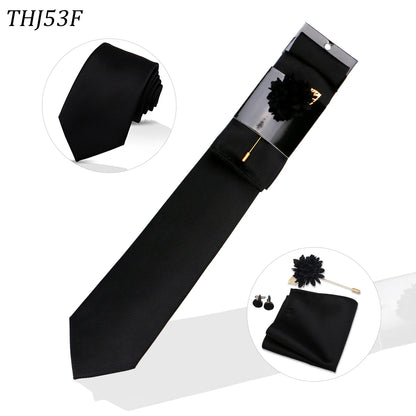 Solid color Ties Set For Men Wedding Gift Neck Tie Set Handkerchief Brooch Cufflinks Men Accessories High Quality Tie